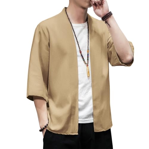 Image of PRIJOUHE Men's Kimono Jackets Cardigan Lightweight Casual Cotton Blends Linen Seven Sleeves Open Front Coat Outwear