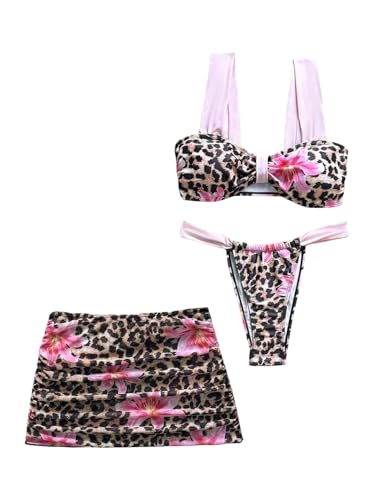 Image of GORGLITTER Women's 3 Piece Leopard Swimsuits Floral High Cut Thong Bikini Sets with Beach Skirt Sexy Beachwear Brown Large