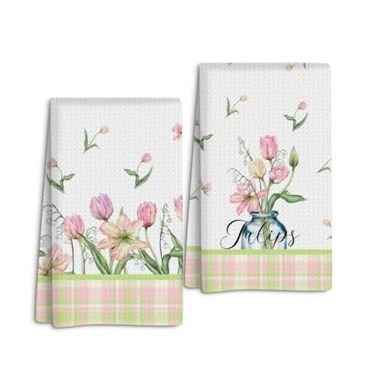 Tulip Buffalo Plaid Flowers Spring Kitchen Towels Set of 2, Seasonal Floral Decoration Dish Hand Towels for Bathroom Home Kitchen