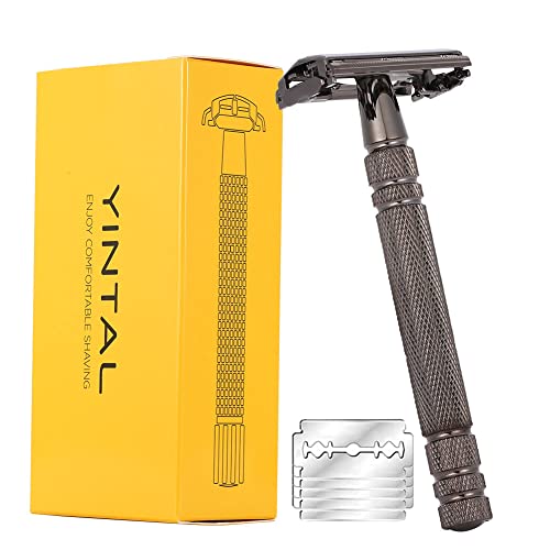 Yintal Safety Razors Butterfly Open,Long Handle Double Edge Razor With 5 Replacement Blades, Heavy Duty Brass Manual Shaver