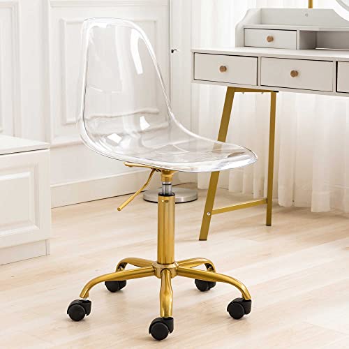 Homefun Clear Desk Chair, Armless Acrylic Desk Chair With Golden Feet Swivel Molded Plastic Vanity Chair Adjustable Home Office Chair With Wheels thumb #5