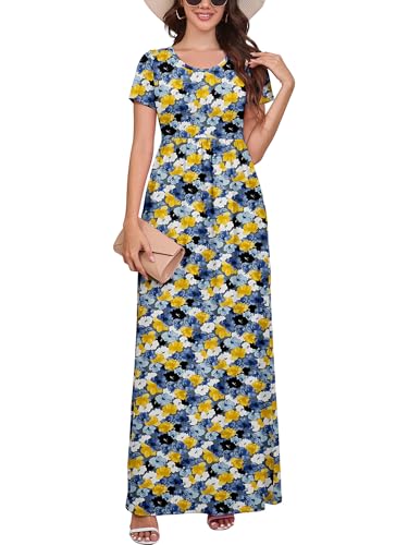 Image of DEARCASE Maxi Dress for Women Short Sleeve Casual Summer Loose Plain Comfy Long Dresses with Pockets