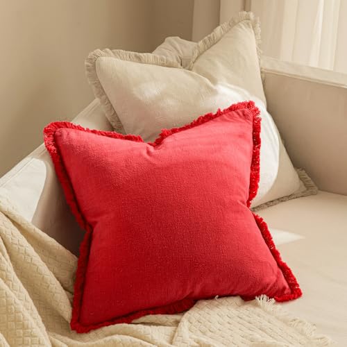 Miuleebohofarmhousepillowcoversdecorativeneutrallinenthrowpillowcoverssetof2redcushioncoverswithfringeforcouchsofabedlivingroomhomedecor18x18inch  Urban Country Home Decor Miulee boho farmhouse pillow covers decorative neutral linen throw pillow covers set of 2 red cushion covers with fringe for couch sofa bed living room home decor 18×18 inch  urban country home decor