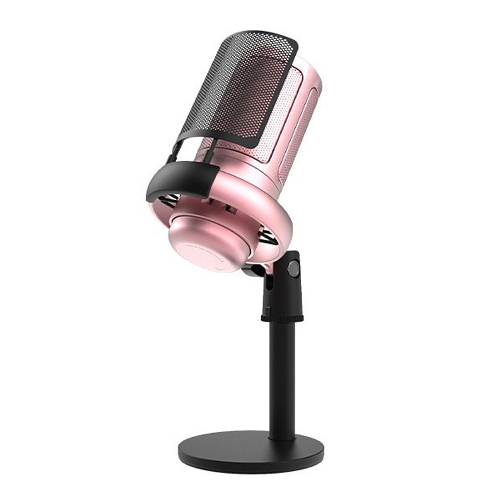 Microphone USB RVB, Microphone de Jeu, kit de Micro d'ordinateur, Micro à condensateur avec trépied, Surveillance en Temps réel, Plug and Play, Une Touche pour Couper Le Son et (Pink)
