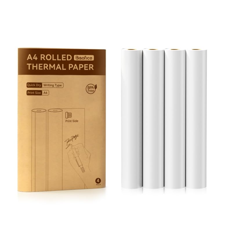 Bisofice 4 Rotoli Carta Termica A4, Compatibile con tutte le Stampante Termica Portatile, Senza BPA, per Foto Ricevute Memo File, Circa 22 fogli/rotolo