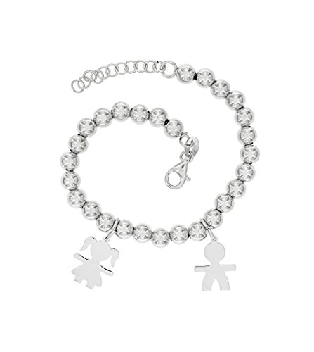 Padre Nostro - Pulsera de bolas huecas de 6 mm con colgantes de niña y niño de plata 925 rodiada