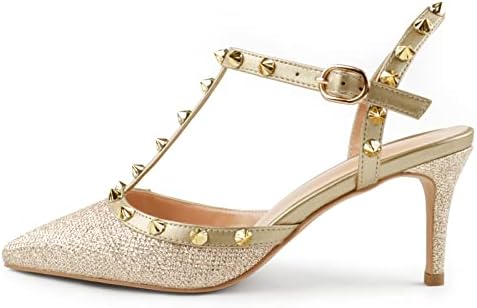 HECATER Kitten Heels Strappy Sandals for Women Slingback Pumps Closed Toe Sandals Gold Glitter 6 US