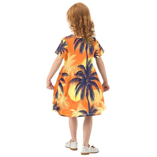 Palm Tree Orange Girls Short Sleeve Dress Quick Dry Toddler Summer Outfit 2T to 8 Years3