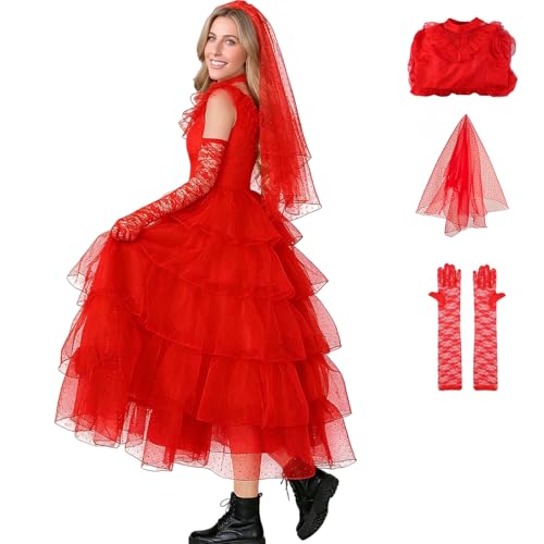 PTLYE Halloween Gothic Women Red Wedding Dress Costume Tulle Skirt Vintage Goth Cosplay Party Outfits with Veil Gloves (Red L)