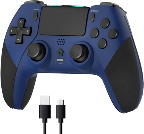 Wireless Pro Controller for PS4 Controller, Game Controller Compatible with Playstation 4/ Slim/ Pro/ PC, Built-in 800mAh Rechargeable Battery/ Responsive Joystick and Buttons/ Audio/ Turbo (White & Black) (Blue+Black)