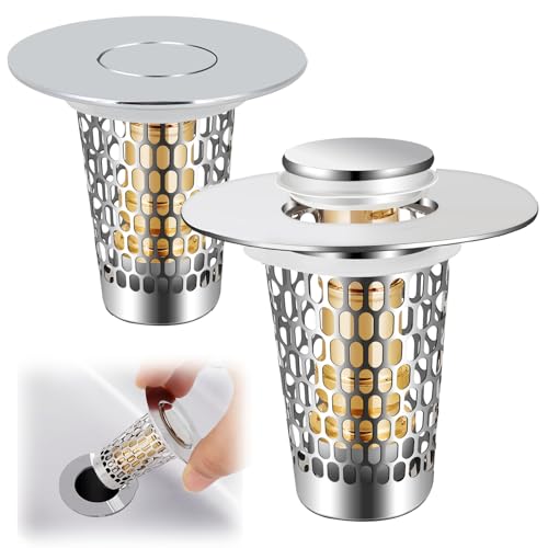 Smelish 2Pack Bathroom Sink Stopper for 1-1.50in, Universal Drain Filter for US Stainless Steel Floor Drain Filter, Universal Bathroom Sink Drain Pop Up Stopper with Hair Strainer (Silver)