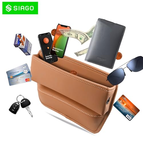 Image of SIAGO Car Seat Gap Filler Organizer | Premium PU Leather Storage Box for Phone | Car Accessories for Keys, Cards & Coins | Universal Fit for Cars, SUVs & Trucks (Tan) (SIA133)