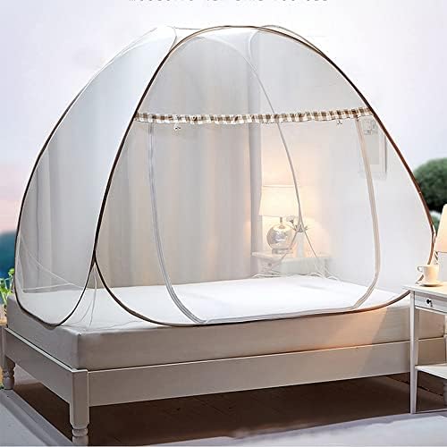 Folding Mosquito Net Bed Canopy Pop Up Foldable Dome Net Single Door Free Installation Insect Protection Screen (Light Coffee 150 x 200 x 150cm)