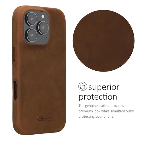Image of kalibri Case Compatible with Apple iPhone 16 Pro - Case Smooth Genuine Leather Hard Case Anti Slip Cover - Brown