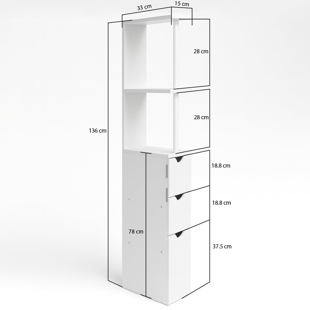 BAKAJI Mobile Bagno Alto Salvaspazio in Legno Bianco, Armadietto Slim con 3 Cassetti e 2 Ripiani, Armadio Multiuso per Ufficio, Studio, Casa, Mobiletto per Interni Design Minimal 33 x 15 x 136 cm