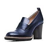 YDN Women Chunky High Heels Round Toe Oxford Loafer Shoes Slip On Leather Office Work Pumps Size 8 Navy