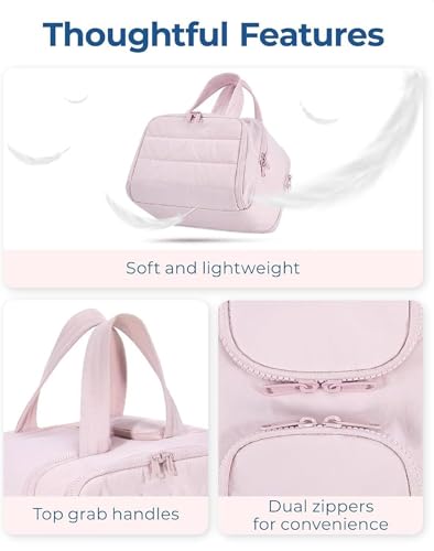 Image of Makeup Organizer Travel Bag with Wet and Dry Sections, Dual Zip compartments, top Handles, Pink