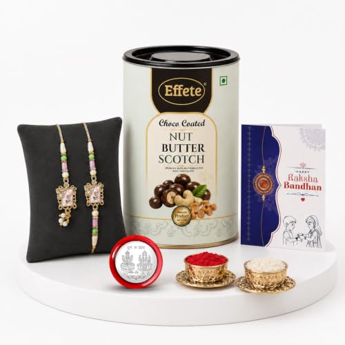 Image of Vacalvers Rakhi with Chocolate for Bhai & Bhabhi - Stylish Design Rakhi with Butter Scotch Chocolate 96 Gm, Tilak Set, Silver Color Pooja Coin, Greeting Card - Raksha Bandhan Combo for Bhai (K1 X8+BS96)