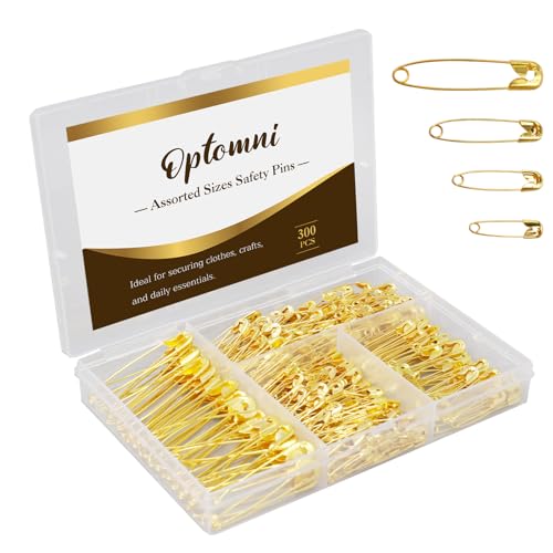 Optomni 300 Pack Gold Safety Pins Assorted Sizes (19mm–37mm), Mini & Small to Large Safety Pins for Clothes, Sewing, Crafts, Quilting, and Home Use