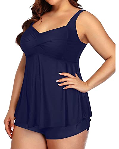 Aqua Eve Women Plus Size Tankini Swimsuit Two Piece Flowy Swimdress Bathing Suits with Shorts Blue 16W