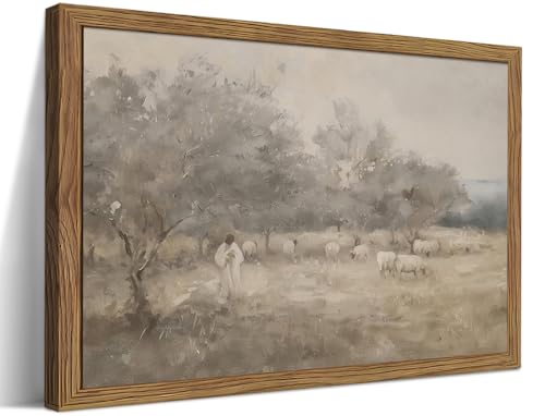 Framed Modern Christian Wall Art, The Lord Is My Shepherd Art Print, Jesus Leaves the 99 Wall Decor, Christ and Sheep Religious Canvas Artwork for Living Room Prayer Room Church – 8x10 inch