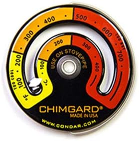 EXCITING EASY TO READ GRAPHICS. ChimGard® Energy Meter (3-4) Woodstove Thermometer. Durable genuine porcelain enamel with yellow, orange and red zones clearly indicated on black case. - Image 3