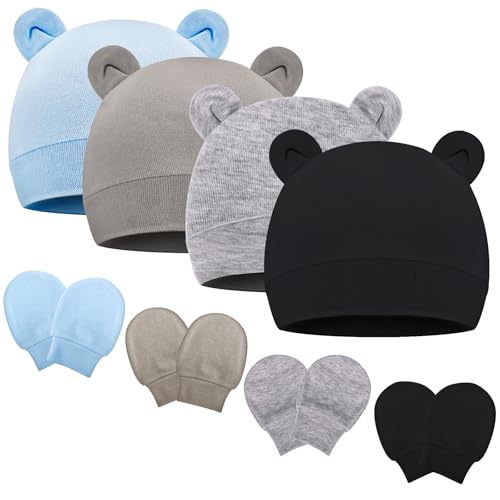 Newborn Baby Hat and Mittens Set, Infant Beanie Caps Newborn Essentials Must Haves for Baby Boy Girl 0-6 Months