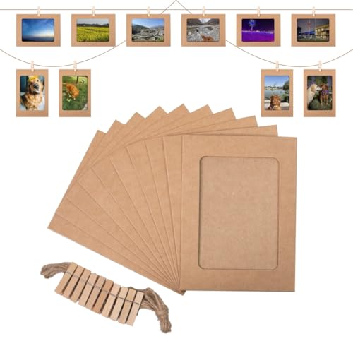 10 Stück Papier Bilderrahmen, Kraftpapier Fotorahmen,15.2x11.5 cm Fotoleine Mit Klammern,DIY Zum Basteln,Wanddekoration Fotorahmen Aus Pappe Für Geburtstag Hochzeit Party Jubiläum Deko Foto Banner