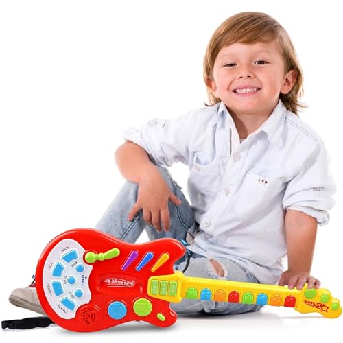 Dimple Kids Handheld Musical Electronic Toy Guitar for Children Plays Music, Rock, Drum & Electric Sounds Best Toy & Gift for Girls & Boys (Red) (Single) - Thumbnail 5