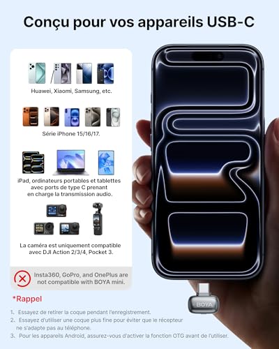 BOYA Mini 2 Micro Cravate sans Fil pour iPhone 15/16/17, Android, 5g, 48 kHz/24 Bit, Mini Micro sans Fil USB-C, Anti-Bruit 40dB, 100 m, 30 h, Microphone Lavalier Compact pour Interview, Streaming – vue 9