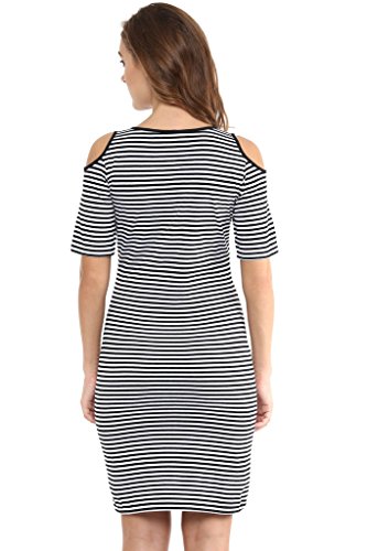 Image of Miss Chase Women's Grey and White Round Neck Half Sleeves Striped Mini Bodycon Dress