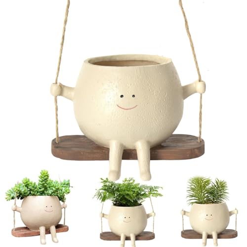 NaHibu Macetero con Cara Oscilante,macetero con Cabeza Colgante para Interior Y Exterior,Cesta para Macetero Colgante con Cara Sonriente,Bonita Maceta con Cabeza para Jardín Y Decoración Hogar