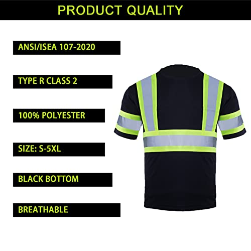 Fonirra High Visibility Safety T Shirt For Men Reflective Ansi Class 2 Short Sleeve Hi Vis Construction Work Shirt With Black Bottom (Black,Xl) #TOP3