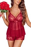 Avidlove Women Sexy Lingerie Lace Mesh Cami Pajama Set Sleepwear Lace Bralette PJ Set with Shorts Wine Red