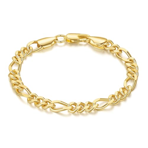 OR OLD RUBIN Gold Bracelets for Women 14K Gold Bracelets for Womens Bracelet Figaro Link Chain Bracelet for Women Men 8in