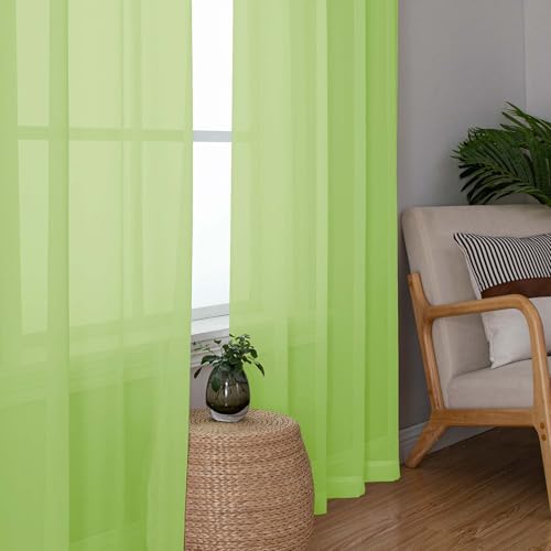 Image of OWENIE Short Lime Sheer Curtains 30 Inch Length 2 Panels Set, Kitchen Curtains Tiers Light Filtering Rod Pocket Cafe Curtain for Basement Bathroom Small Half Window, 42 inch W x 30 inch L, Lime