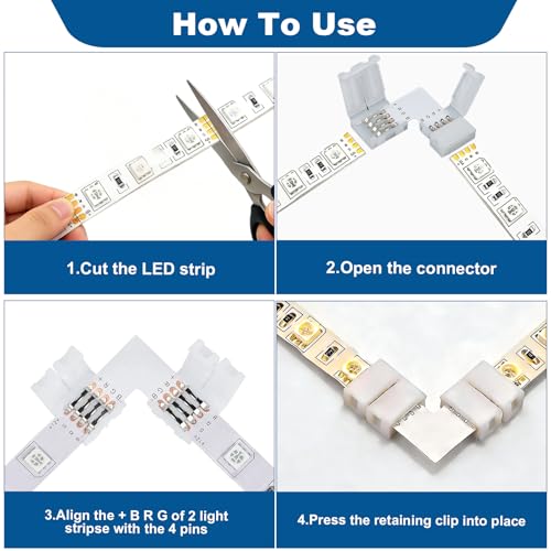 20 Stück 4polig 10mm RGB LED Streifen Verbinder Set 10 Lückenlosen Streifenverbinder 10 LED Streifen Eckverbinder, Lötfreier Strip Verbinder für 4 Pin 10mm RGB SMD 5050