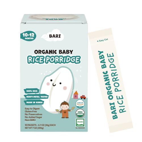 BARI Organic Rice Porridge Stage 3 (10-12 Months) 100% Organic Rice, Rice Cereal Product of Korea, Heavy Metal Tested, Gluten-Free, Mix with Breastmilk, Water or Baby Formula, 7.0oz (0.7oz x 10packets)