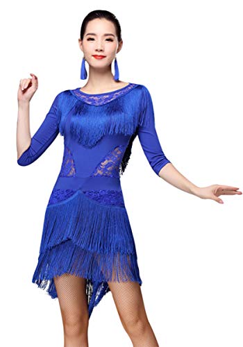ZX Women s Latin Dance Dress Lace Neck 1 2 Sleeve High Low Fringe Salsa Tango Cha Cha Rumba Ballroom Dance Dress (Tag L, Royal Blue)