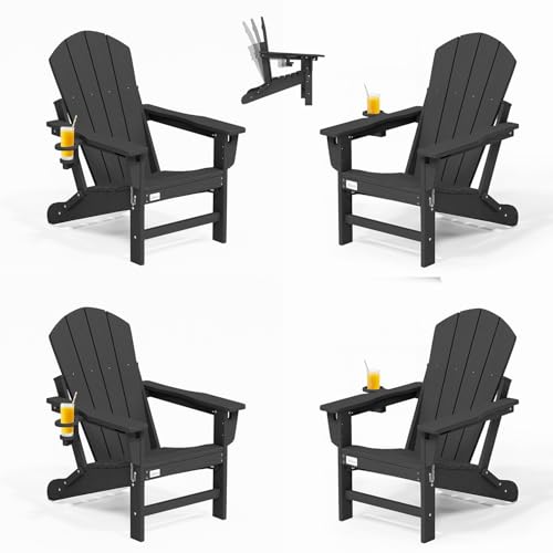 Mdeam 3-Position Adjustable Adirondack Chairs Set of 4, 400LBS Capacity, Cup Holder, Wooden Textured, All-Weather HDPE Folding Fire Pit Outdoor Chairs for Poolside Deck Patio Garden Yard Lawn - Black
