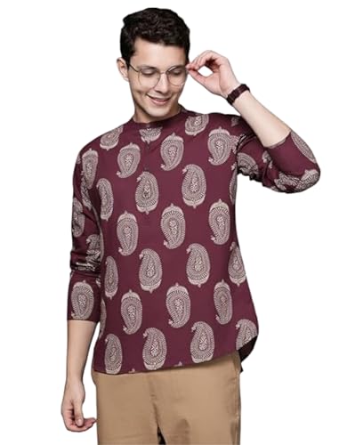 Image of DEELMO Men's Cotton Blend Printed Long Sleeve Short Kurta | Stylish Casual & Ethnic Wear | Comfortable Mandarin Collar Kurta for Daily, Festive & Party Outfits