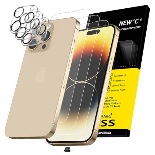 NEWC 3x for iPhone 14 Pro Screen Protector (6.1 inches)+ 3x Camera Lens Protector Sensor Protection + Dust Plug - Case Friendly Tempered Glass Film Ultra Resistant