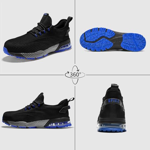 Image of SPIEZ Composite Toe Shoes for Men Women, Lightweight Breathable Non Steel Toe Safety Shoes, Puncture Proof Slip Resistant Work Sneakers for Construction,Warehouse,Black Blue /Black Yellow