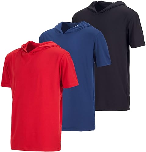 Real Essentials 3 Pack: Boys Dry-Fit Youth Teen Active Athletic Short Sleeve Workout Hoodie - Hooded Pullover Shirts, 8-10