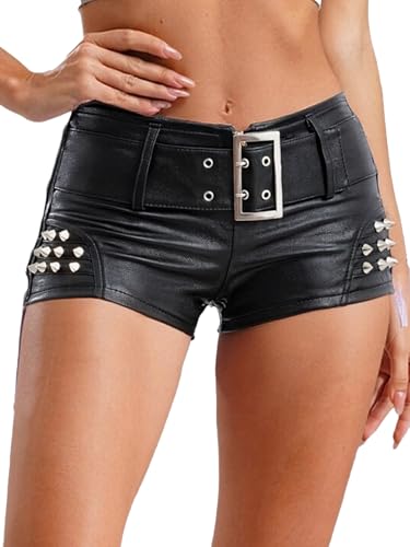 Lpdshaa Women's Fashionable PU Leather Hot Pants Rivets Belt Slim Fit Short Bottoms Black A Medium