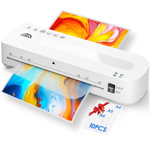 Laminator A4 z 10 foliami do laminowania, maszyna do laminowania z przecinakiem do papieru i zaokrąglaniem narożników, zwycięzca testu (biały)