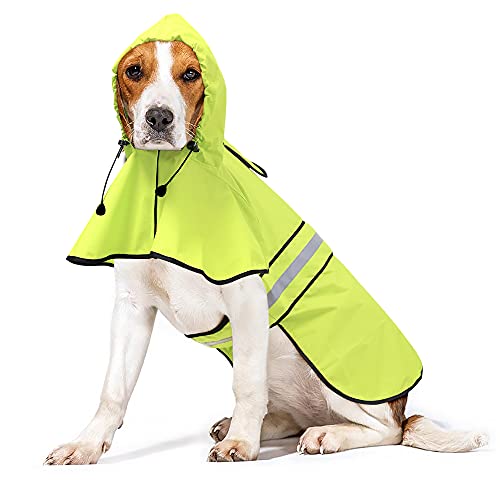 Ezierfy Waterproof Reflective Dog Raincoat- Adjustable Pet Jacket Raincoat for Dogs, Lightweight Dog Hooded Slicker Poncho (Neon Green, Medium)
