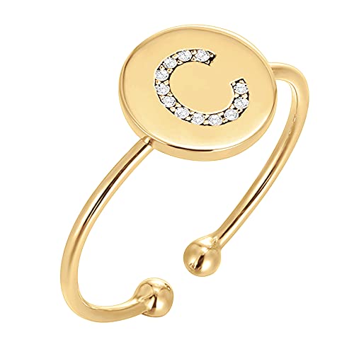 PAVOI 14K Yellow Gold Plated Disc Initial Adjustable Ring | CZ Initial Ring | Initial Rings for Women | C Initial Ring