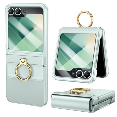 HWeggo Funda para Samsung Galaxy Z Flip 6 Phone, Funda ultradelgada para Z Flip 6 con Protector de Pantalla Exterior y Anillo, Funda Liviana a Prueba de Golpes y arañazos -Verde Menta