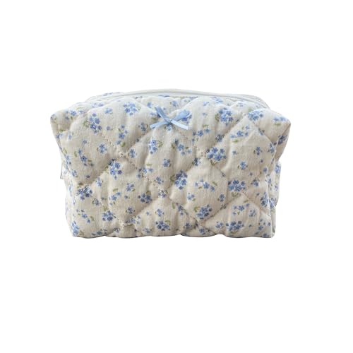 ZUNUONUO Cotton Quilted Makeup Bag Coquette Accessories Make up Bag Organizer Cute Floral Cosmetic Pouch Travel Makeup Bag for Women (Blue floral)